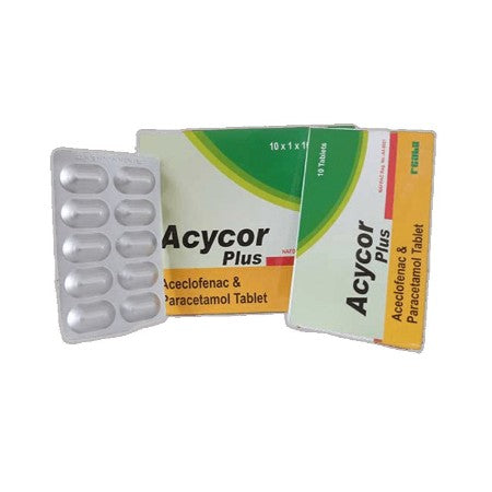 Acycor Plus Aceclofenac + Paracetamol 10 Tablets AIB Allied Product & PHARMACY Stores LTD