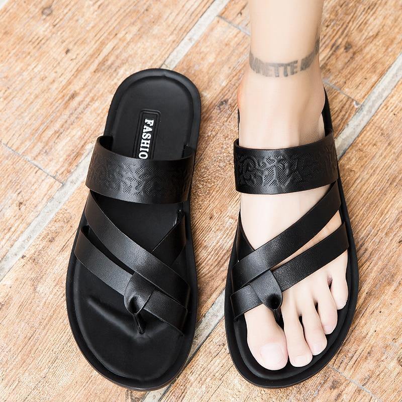 2020 summer men's genuine leather slippers gladiator daily outdoor beach black slipper Kanozon.com