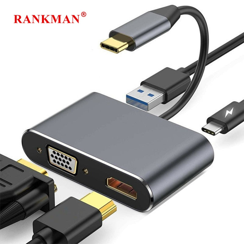 Rankman Type-C to 4K HDMI-compatible VGA USB C 3.0 Hub Adapter for MacBook Nintendo Samsung S20 Dex Huawei Matebook Xiaomi 10 TV Kanozon.com