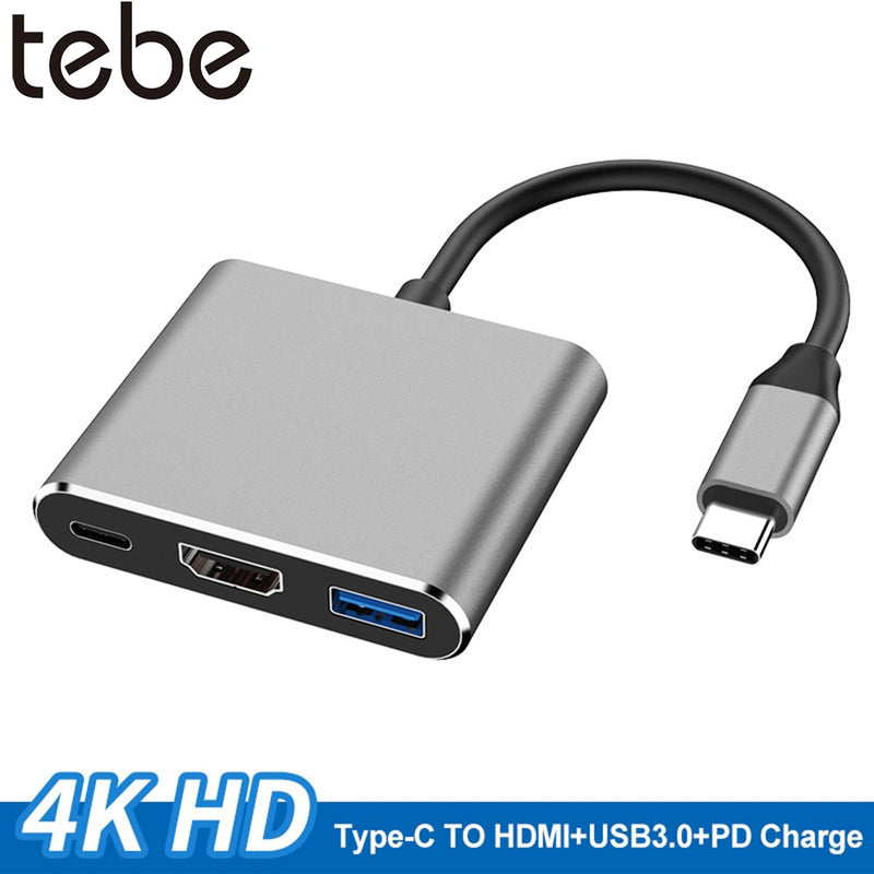 tebe Type-c HUB USB C To HDMI-conpatible 3 IN 1 Converter Head 4K HDMI USB 3.0 PD Fast Charging Smart Adapter For MacBook Kanozon.com