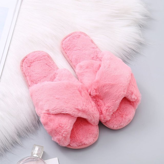 Warm Fluffy Slippers Women Cozy Faux Fur Cross Indoor Kanozon.com